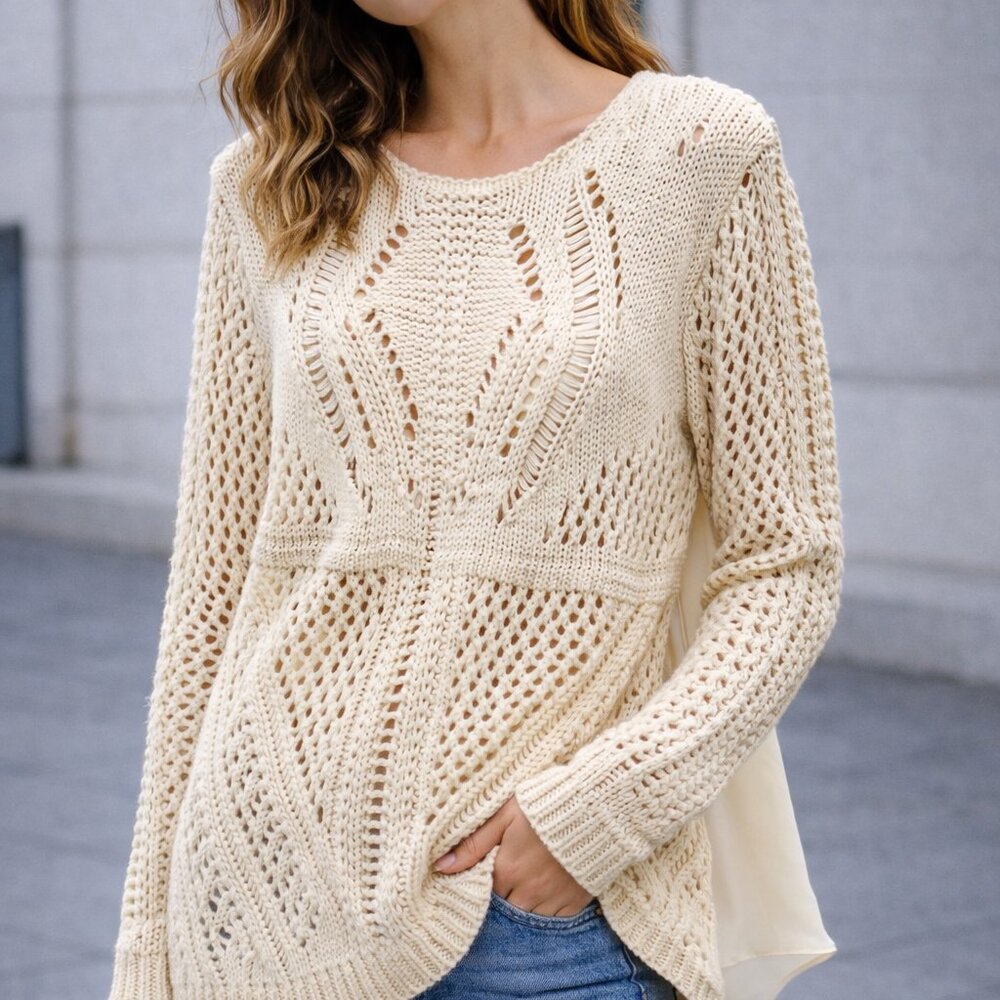 Versona Cream Open-Knit Sweater | Satin Back Detail | Boho Chic |‎ Size Small